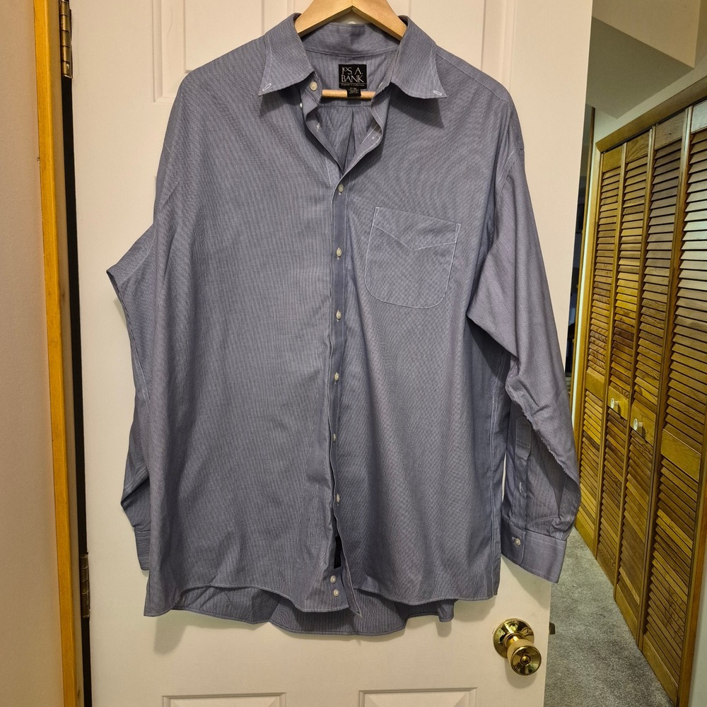 Jos A Bank Travelers Collection Mens Blue Micro Check Dress Shirt 17 35 Cotton